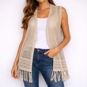 Artesia Crochet Fringe Vest NaturalBeige Boho Med OpenFront Medallion JAS27665L2